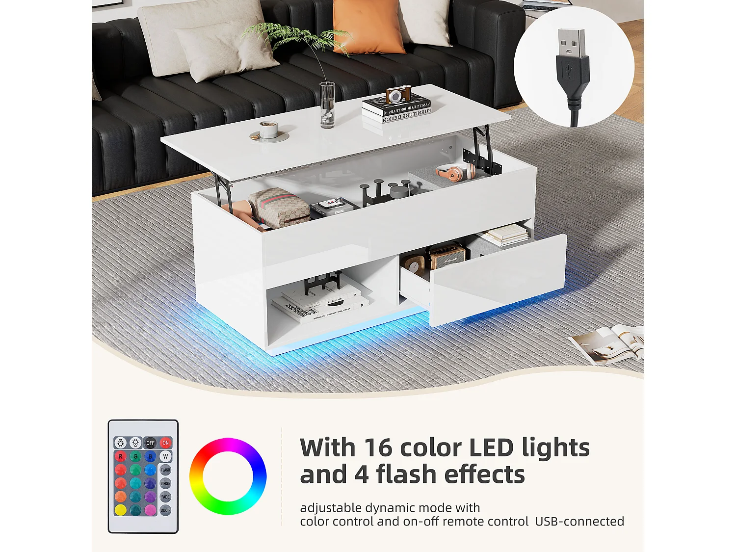 Table basse relevable brillante - 100 x 50 x 55 cm - avec Leds + 1 tiroir - aggloméré - blanc