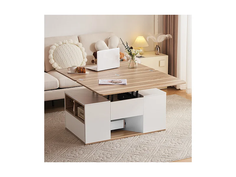 Klappbarer Couchtisch – 100 x 51 x 47 cm – 2-teilige Klappplatte + 2 Schubladen – Spanplatte – Weiß