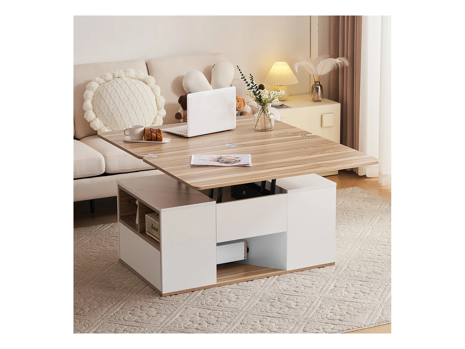 Table basse relevable - 100 x 51 x 47 cm - Plateau ouvrant en 2 parties + 2 tiroirs - aggloméré - blanc