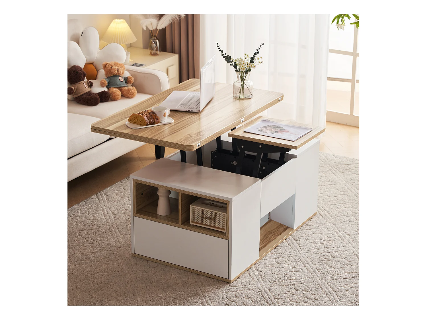 Table basse relevable - 100 x 51 x 47 cm - Plateau ouvrant en 2 parties + 2 tiroirs - aggloméré - blanc