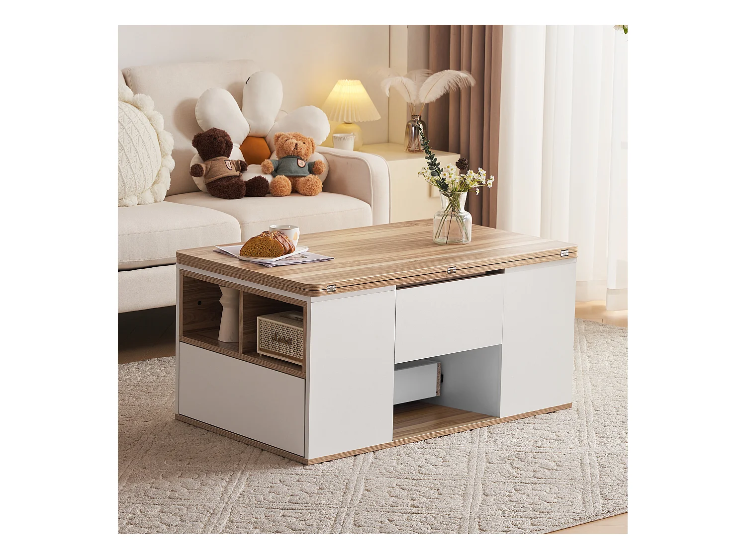 Table basse relevable - 100 x 51 x 47 cm - Plateau ouvrant en 2 parties + 2 tiroirs - aggloméré - blanc