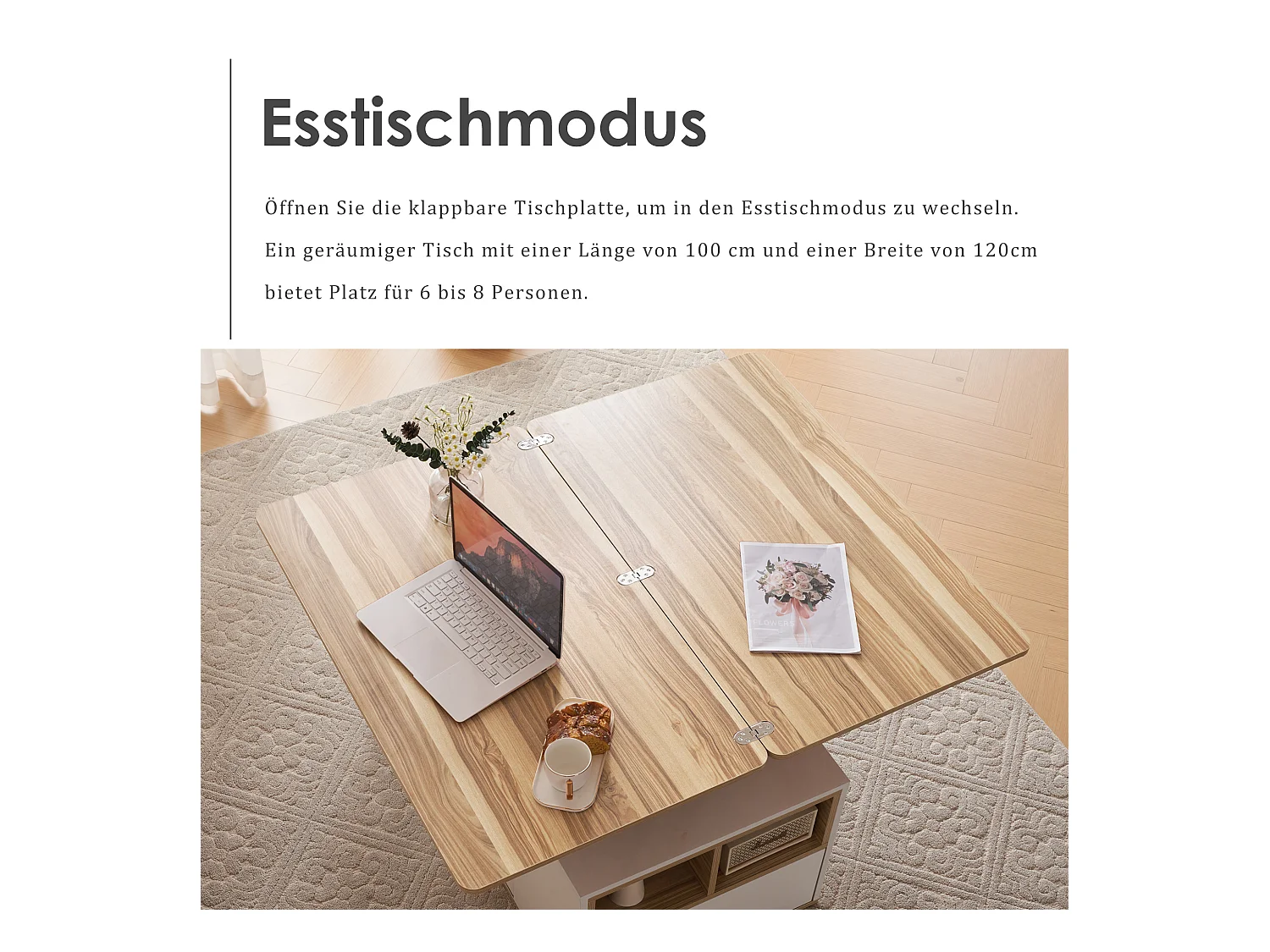 Table basse relevable - 100 x 51 x 47 cm - Plateau ouvrant en 2 parties + 2 tiroirs - aggloméré - blanc