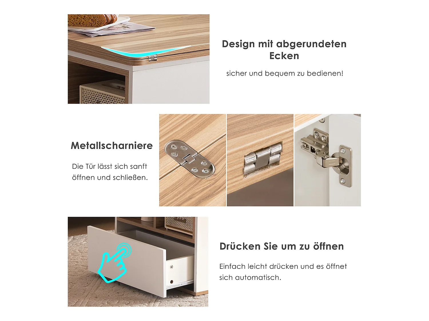 Table basse relevable - 100 x 51 x 47 cm - Plateau ouvrant en 2 parties + 2 tiroirs - aggloméré - blanc