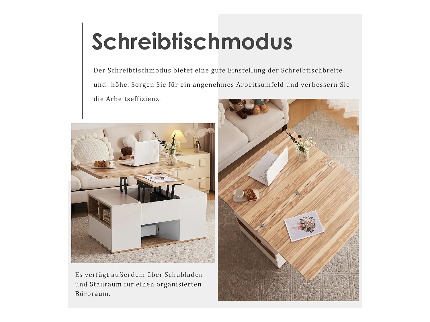 Table basse relevable - 100 x 51 x 47 cm - Plateau ouvrant en 2 parties + 2 tiroirs - aggloméré - blanc