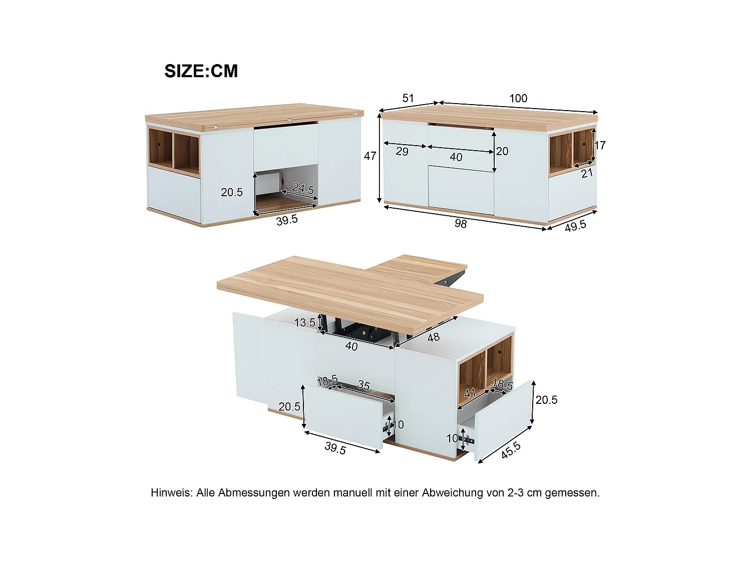 Table basse relevable - 100 x 51 x 47 cm - Plateau ouvrant en 2 parties + 2 tiroirs - aggloméré - blanc