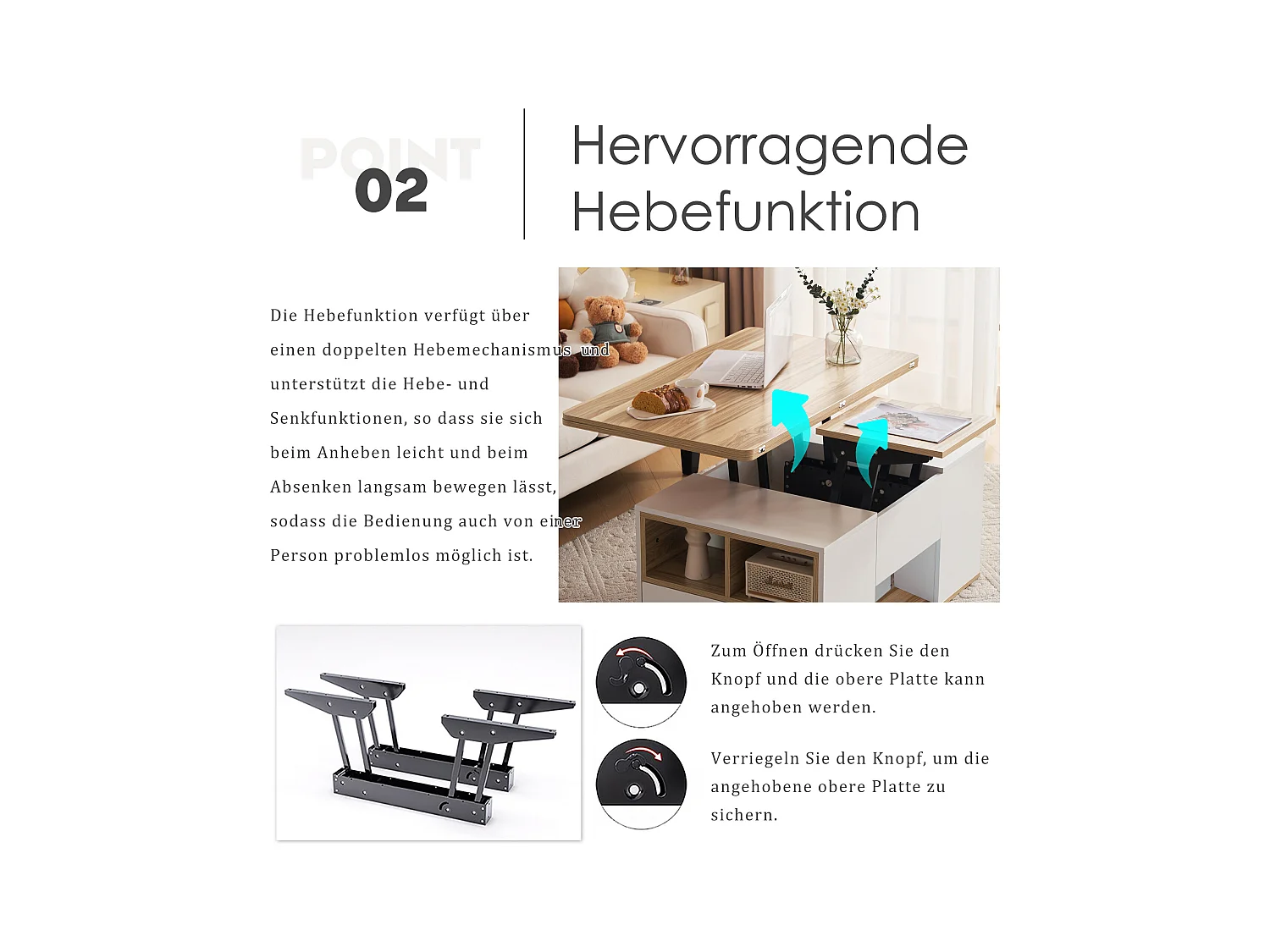 Table basse relevable - 100 x 51 x 47 cm - Plateau ouvrant en 2 parties + 2 tiroirs - aggloméré - blanc