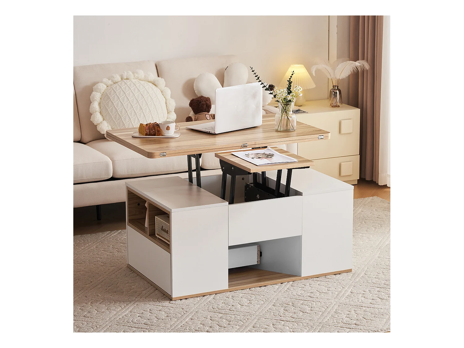 Table basse relevable - 100 x 51 x 47 cm - Plateau ouvrant en 2 parties + 2 tiroirs - aggloméré - blanc