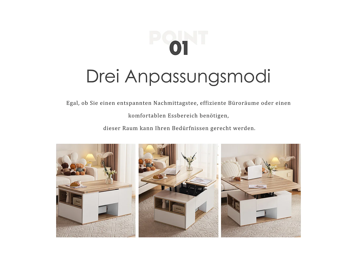 Table basse relevable - 100 x 51 x 47 cm - Plateau ouvrant en 2 parties + 2 tiroirs - aggloméré - blanc