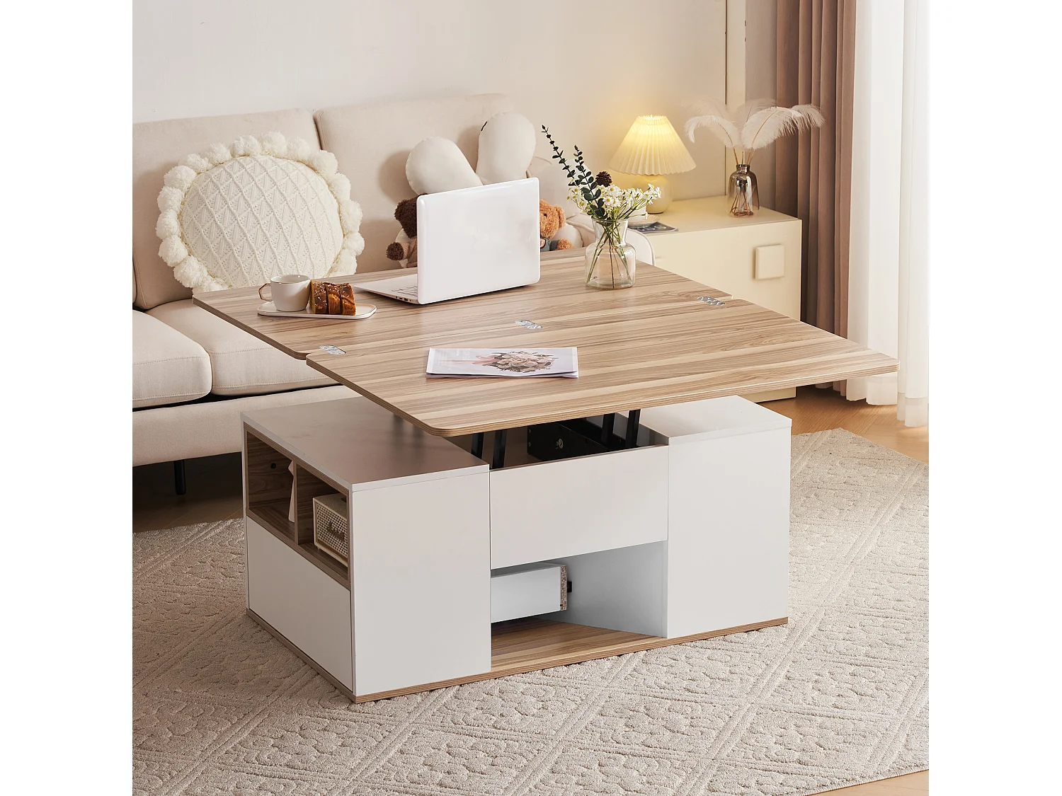 Table basse relevable - 100 x 51 x 47 cm - Plateau ouvrant en 2 parties + 2 tiroirs - aggloméré - blanc