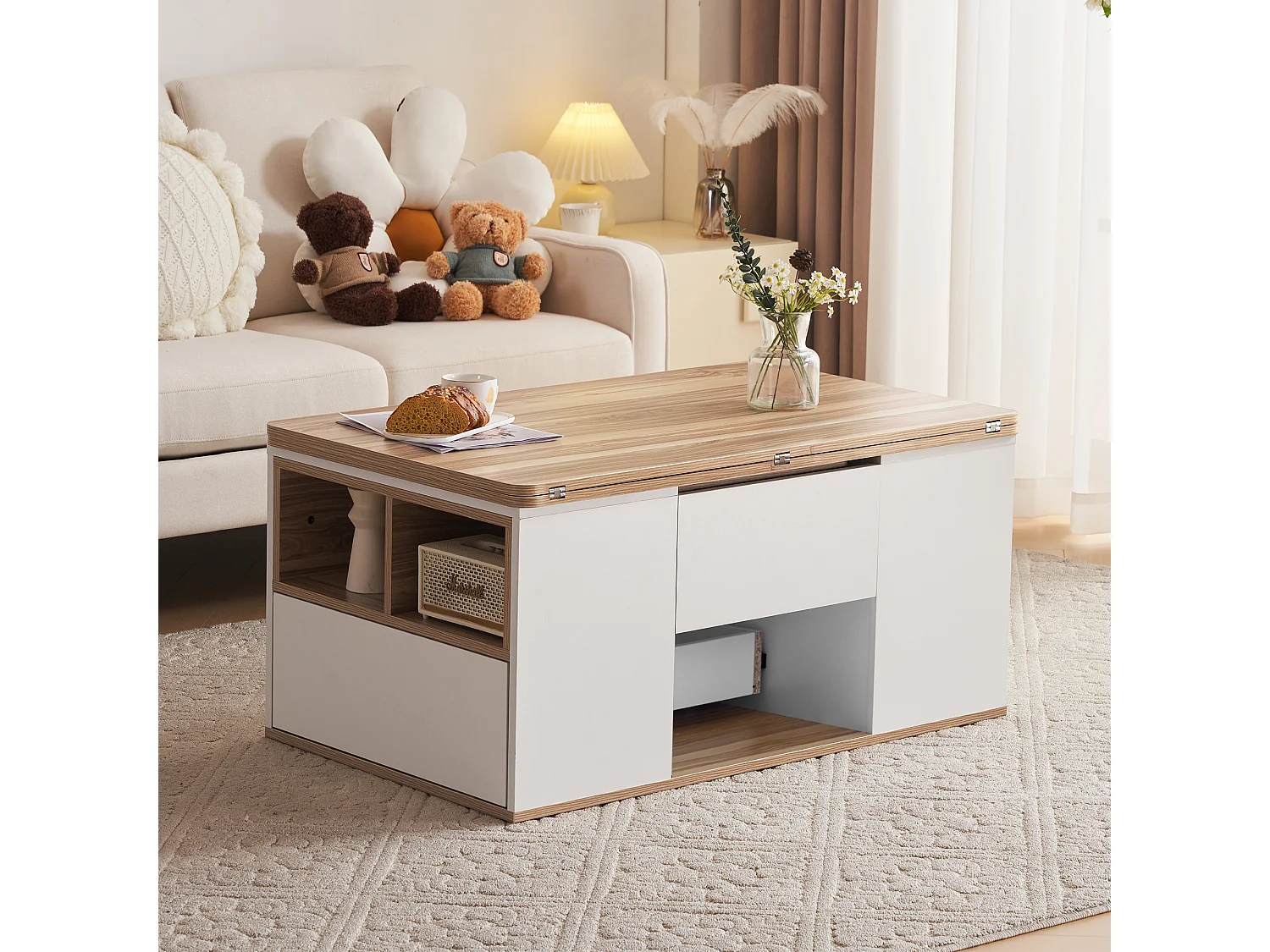 Table basse relevable - 100 x 51 x 47 cm - Plateau ouvrant en 2 parties + 2 tiroirs - aggloméré - blanc