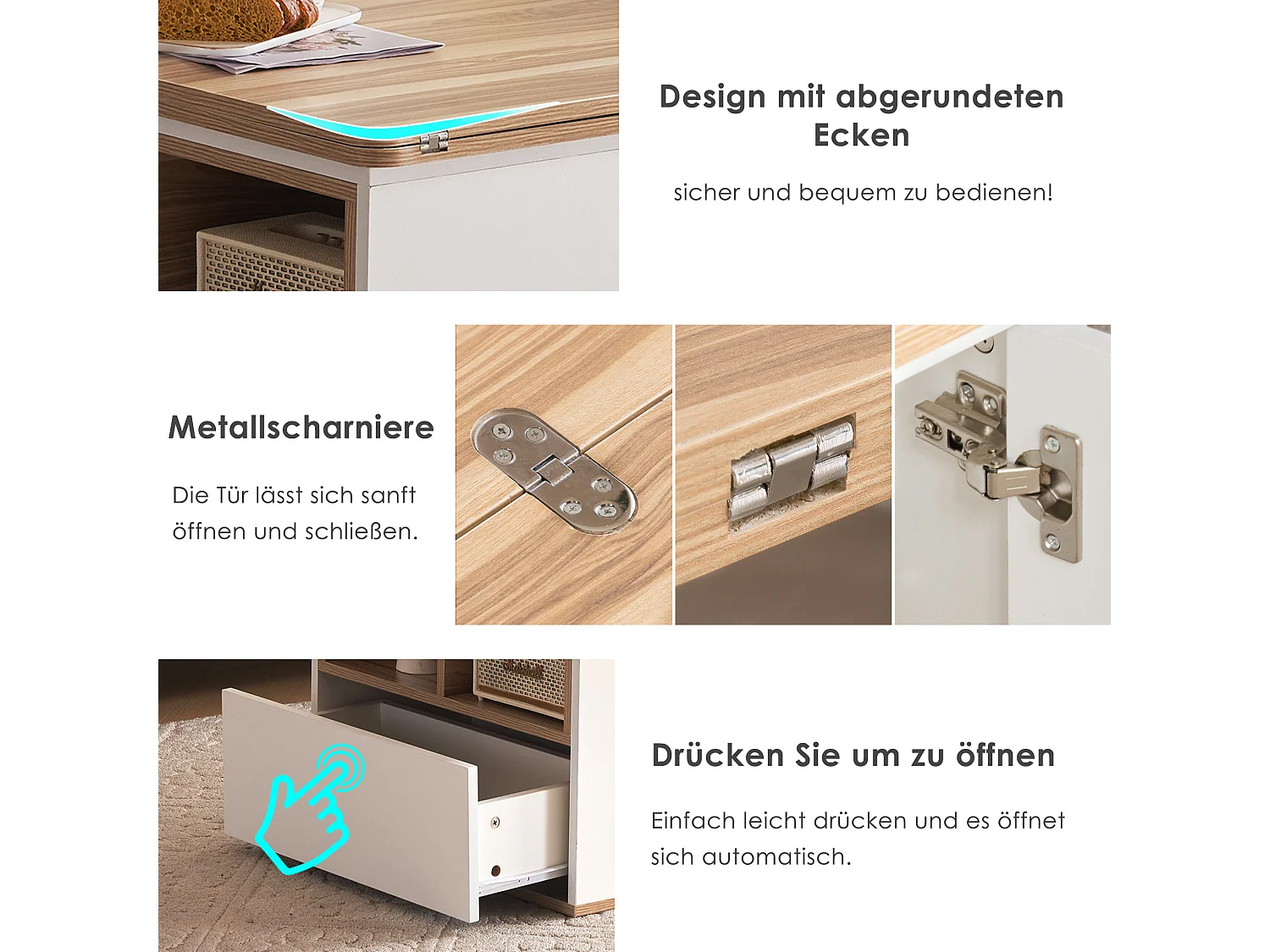 Table basse relevable - 100 x 51 x 47 cm - Plateau ouvrant en 2 parties + 2 tiroirs - aggloméré - blanc