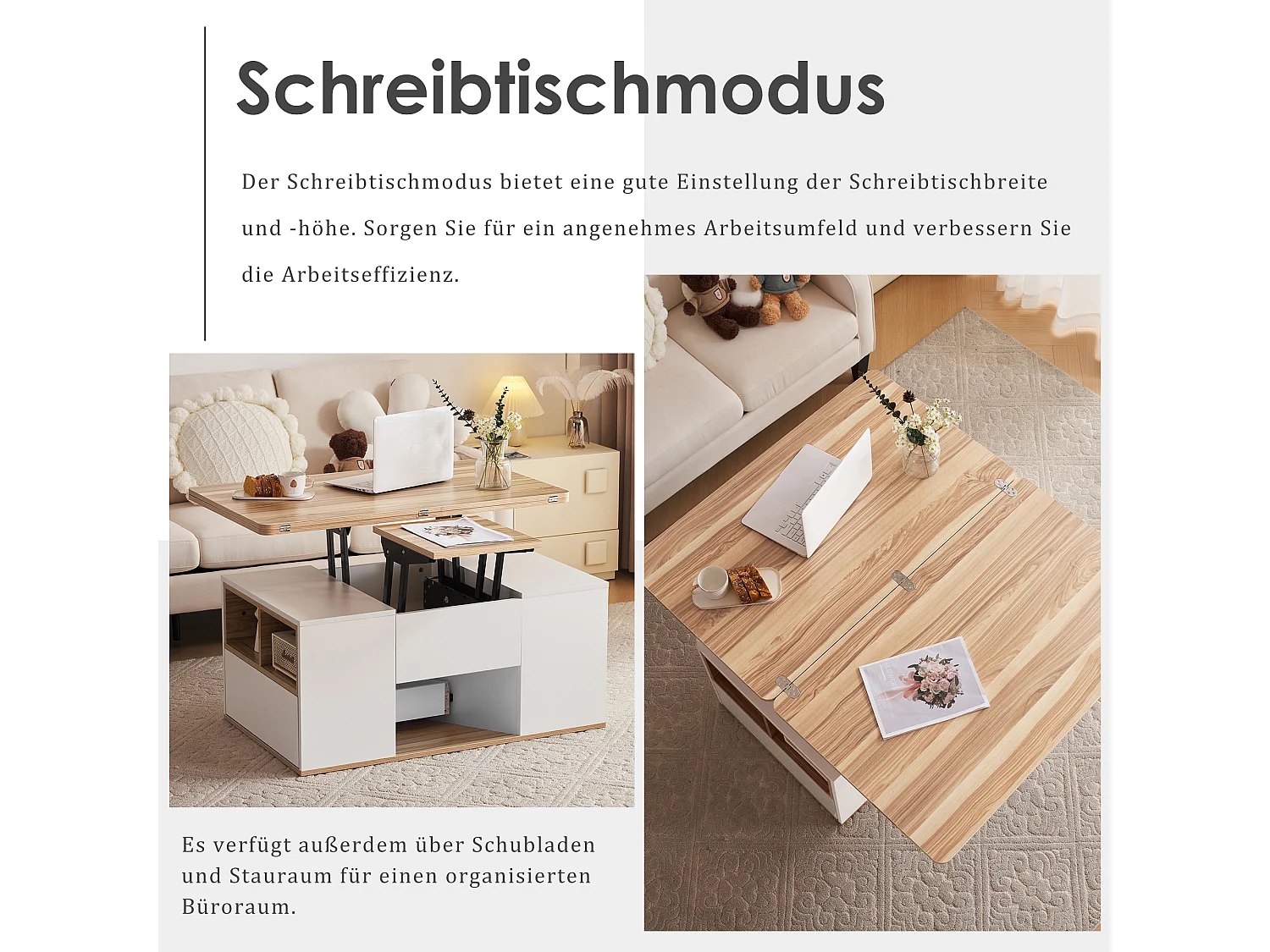 Table basse relevable - 100 x 51 x 47 cm - Plateau ouvrant en 2 parties + 2 tiroirs - aggloméré - blanc