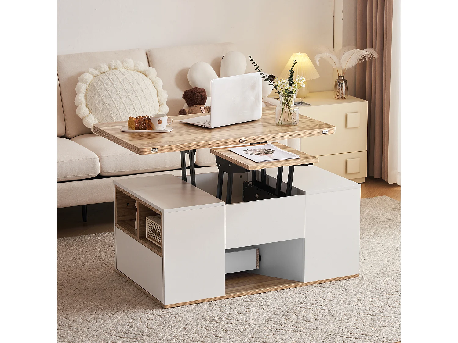Table basse relevable - 100 x 51 x 47 cm - Plateau ouvrant en 2 parties + 2 tiroirs - aggloméré - blanc