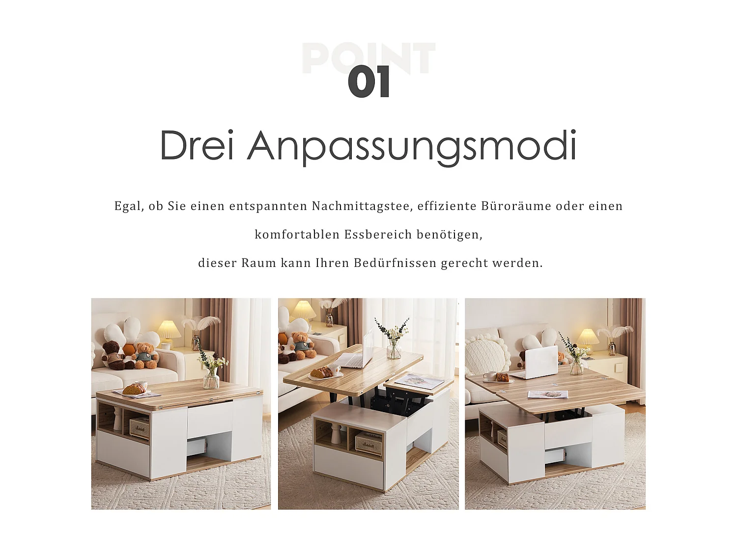 Table basse relevable - 100 x 51 x 47 cm - Plateau ouvrant en 2 parties + 2 tiroirs - aggloméré - blanc