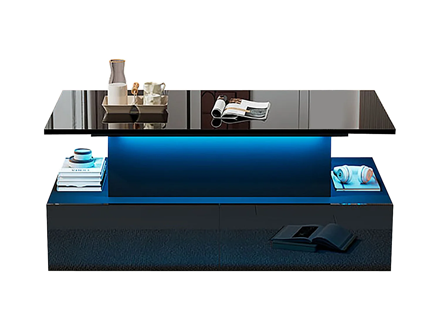 Table basse relevable - 90 x 55 x 41 cm - brillante moderne avec Leds + 4 tiroirs - aggloméré - noir