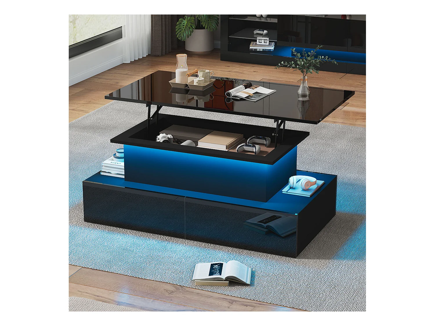 Hebbarer Couchtisch – 90 x 55 x 41 cm – moderner Hochglanztisch mit LEDs + 4 Schubladen – Spanplatte – Schwarz
