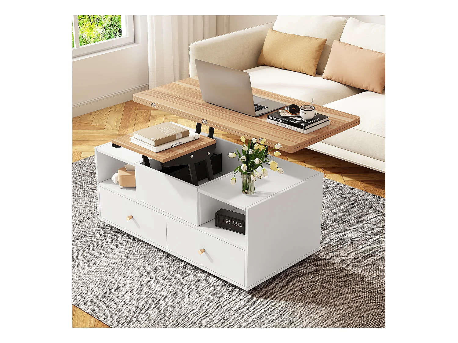 Table basse relevable - 100 x 50 x 47.5 cm - avec fonction rabattable + 4 tiroirs + roulettes - MDF - naturel