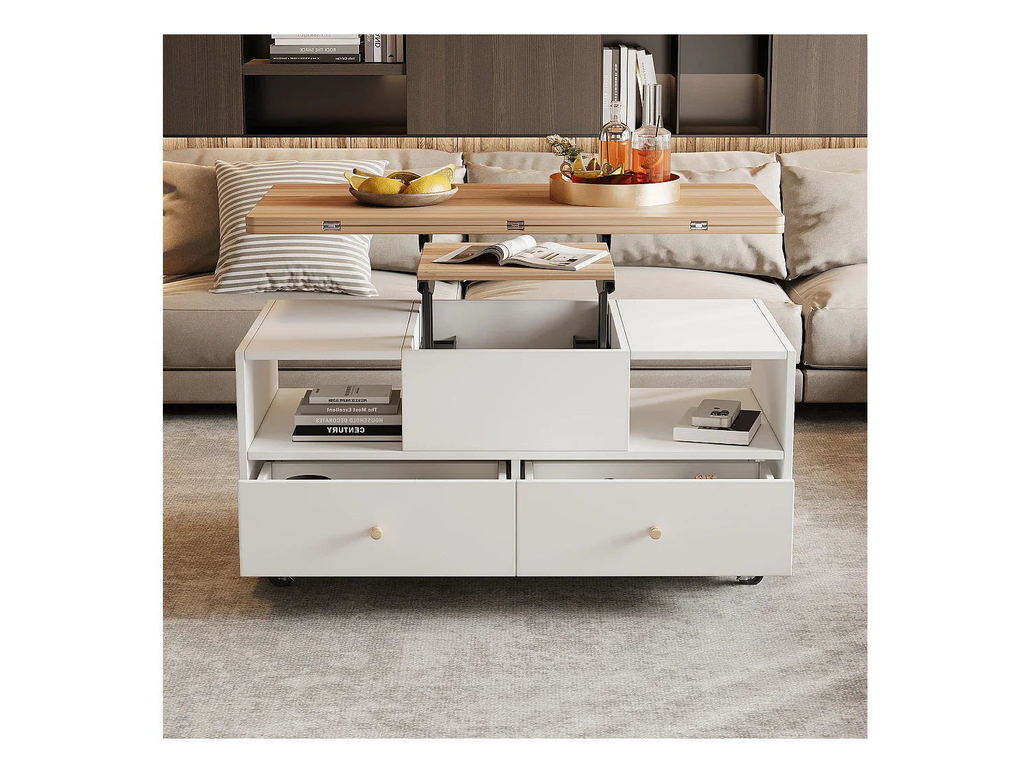 Table basse relevable - 100 x 50 x 47.5 cm - avec fonction rabattable + 4 tiroirs + roulettes - MDF - naturel