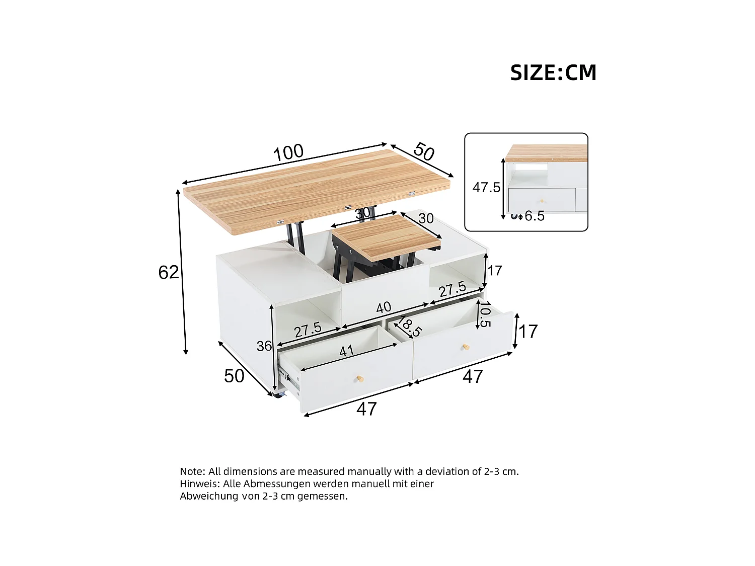 Table basse relevable - 100 x 50 x 47.5 cm - avec fonction rabattable + 4 tiroirs + roulettes - MDF - naturel
