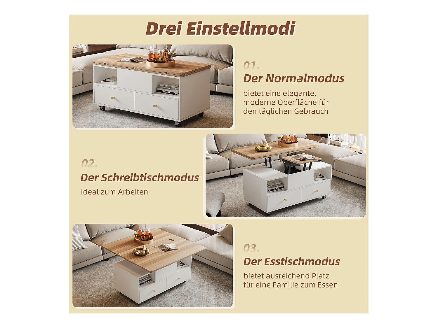 Table basse relevable - 100 x 50 x 47.5 cm - avec fonction rabattable + 4 tiroirs + roulettes - MDF - naturel