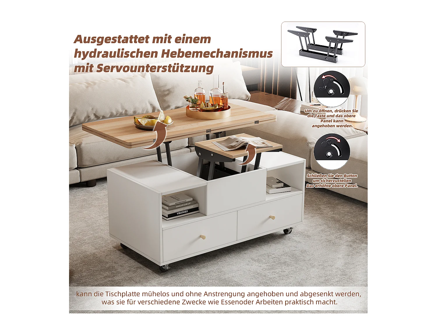 Table basse relevable - 100 x 50 x 47.5 cm - avec fonction rabattable + 4 tiroirs + roulettes - MDF - naturel