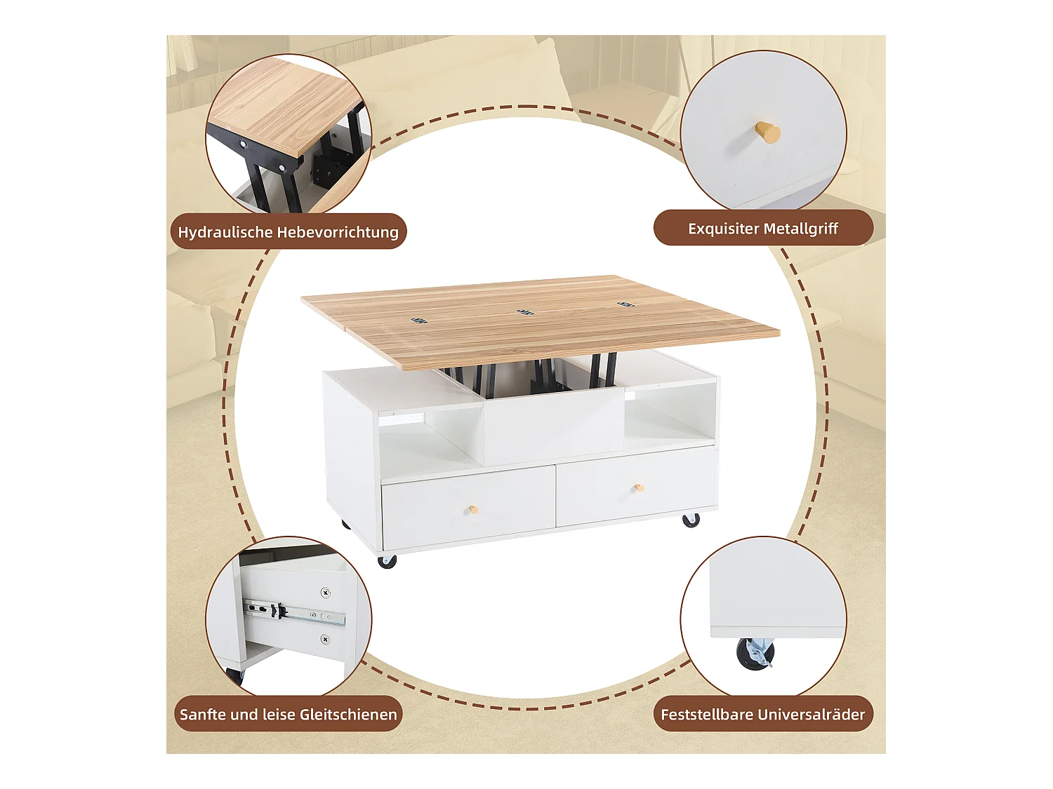 Table basse relevable - 100 x 50 x 47.5 cm - avec fonction rabattable + 4 tiroirs + roulettes - MDF - naturel