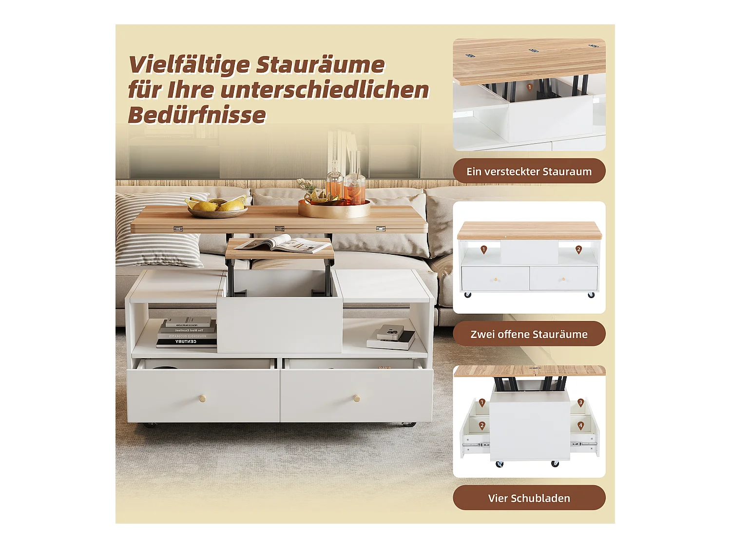 Table basse relevable - 100 x 50 x 47.5 cm - avec fonction rabattable + 4 tiroirs + roulettes - MDF - naturel