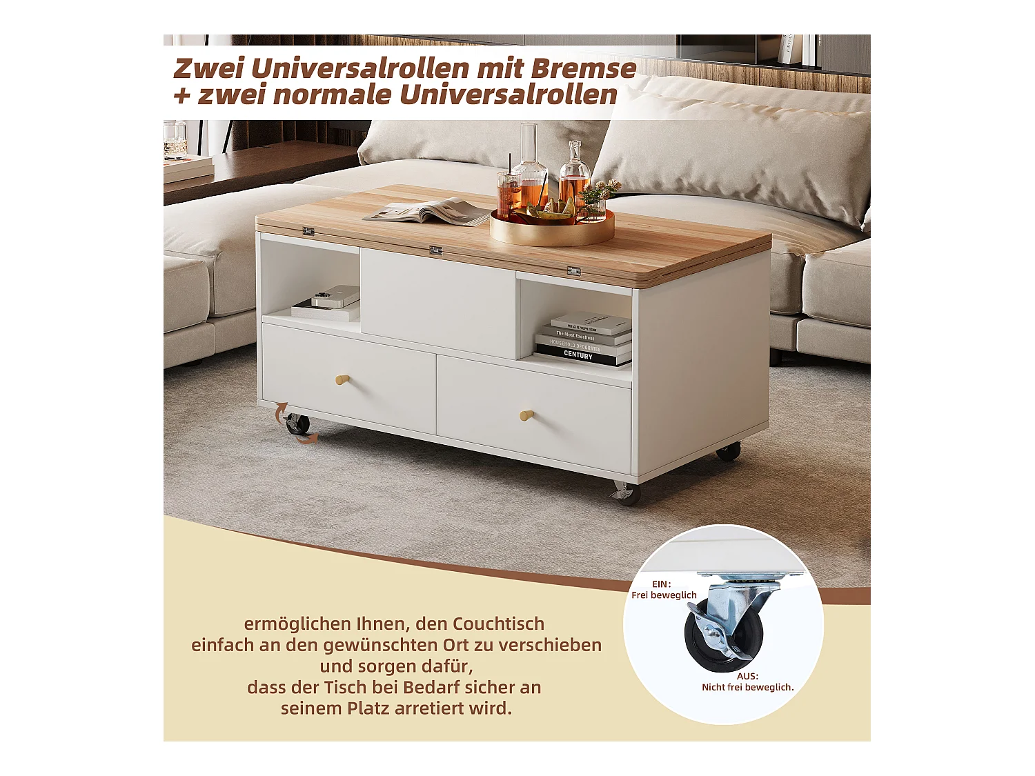 Table basse relevable - 100 x 50 x 47.5 cm - avec fonction rabattable + 4 tiroirs + roulettes - MDF - naturel