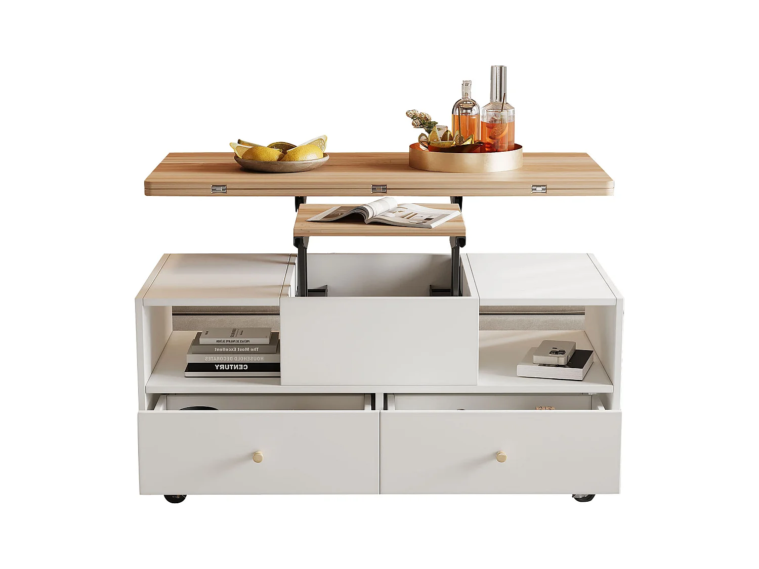 Table basse relevable - 100 x 50 x 47.5 cm - avec fonction rabattable + 4 tiroirs + roulettes - MDF - naturel