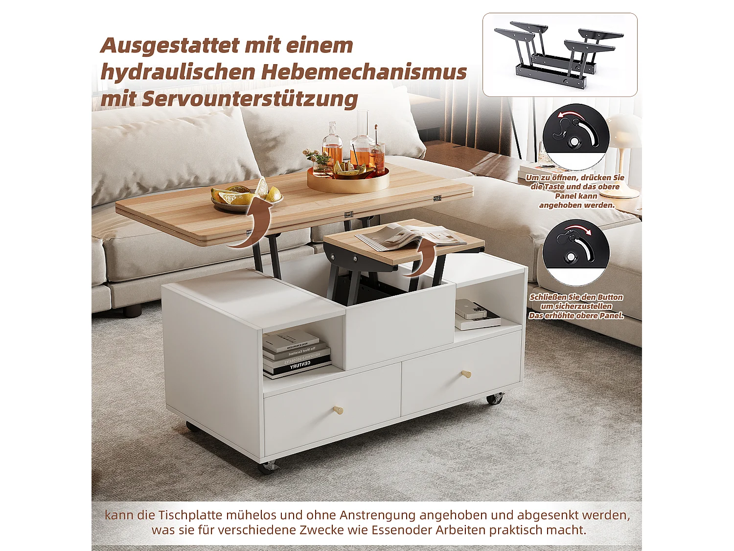 Table basse relevable - 100 x 50 x 47.5 cm - avec fonction rabattable + 4 tiroirs + roulettes - MDF - naturel