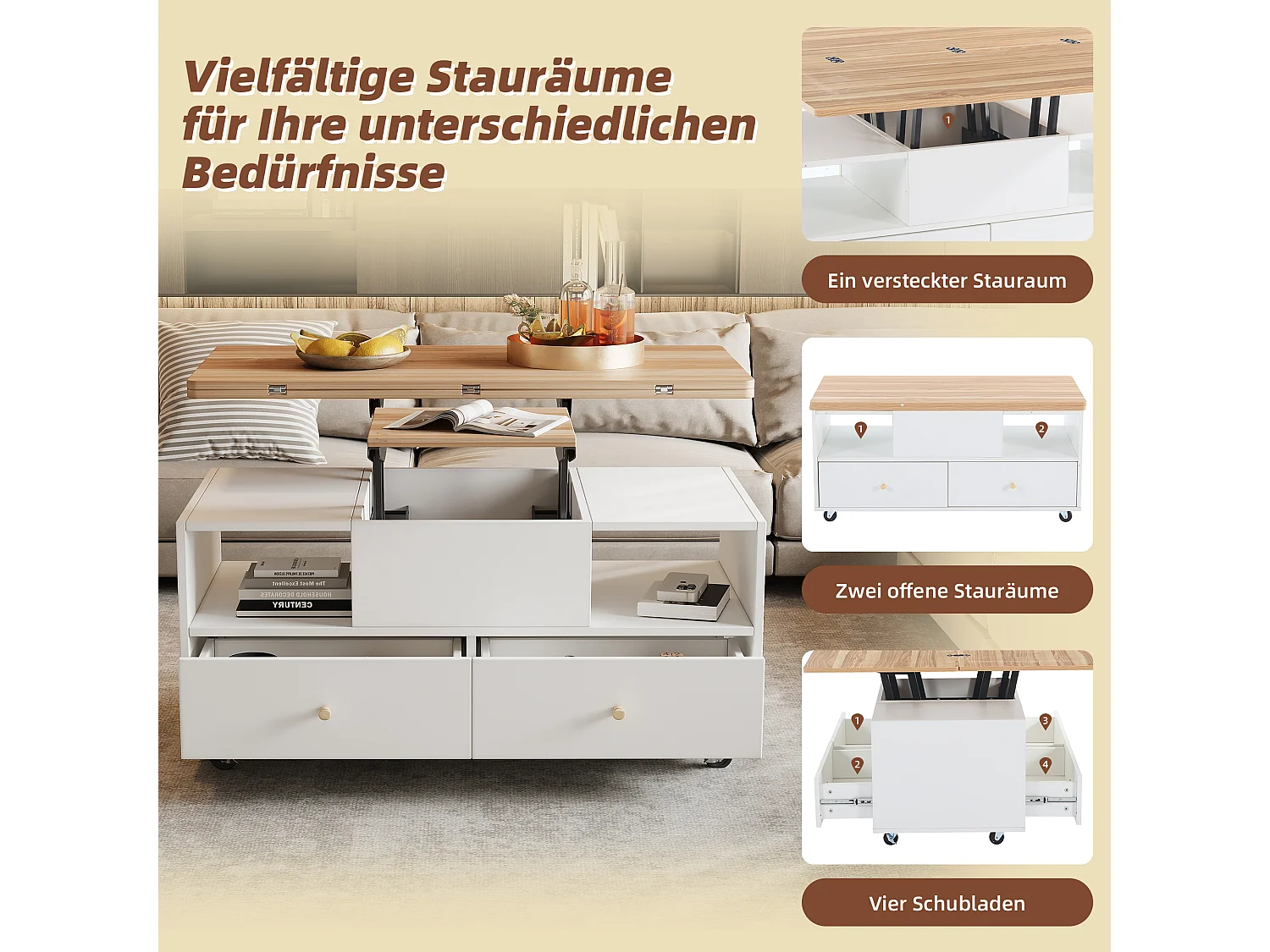 Table basse relevable - 100 x 50 x 47.5 cm - avec fonction rabattable + 4 tiroirs + roulettes - MDF - naturel