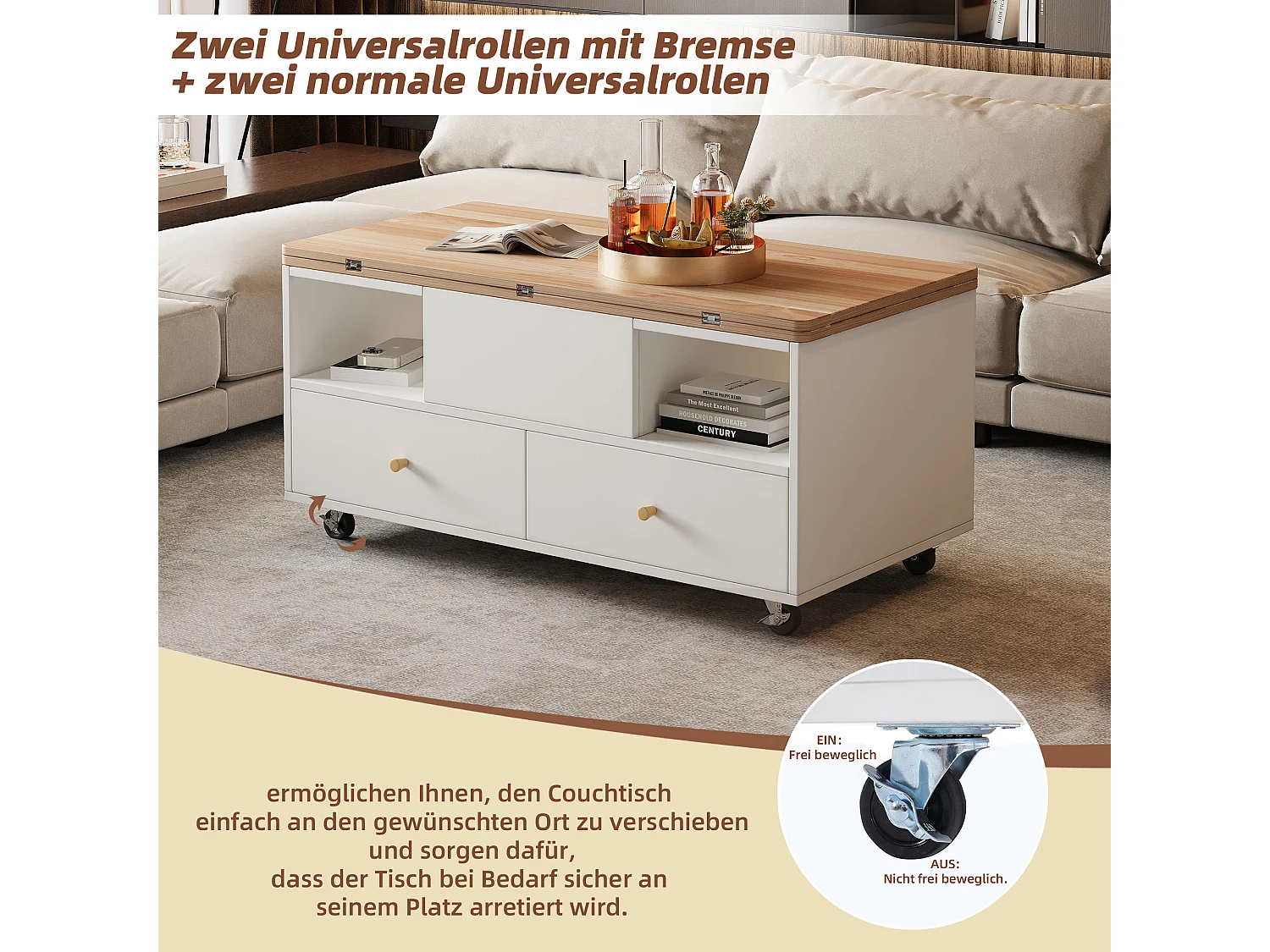 Table basse relevable - 100 x 50 x 47.5 cm - avec fonction rabattable + 4 tiroirs + roulettes - MDF - naturel