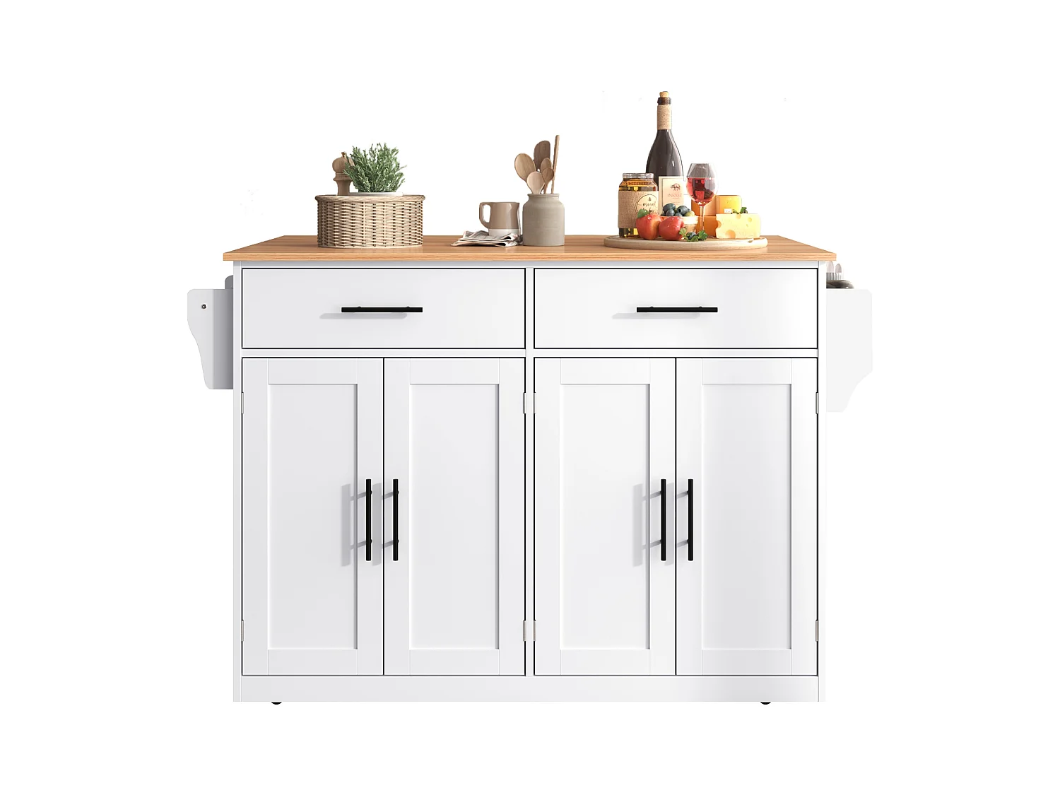 Îlot central - 120 x 46 (70) x 91 cm - plateau rabattable + roulettes et pieds interchangeables - MDF - blanc