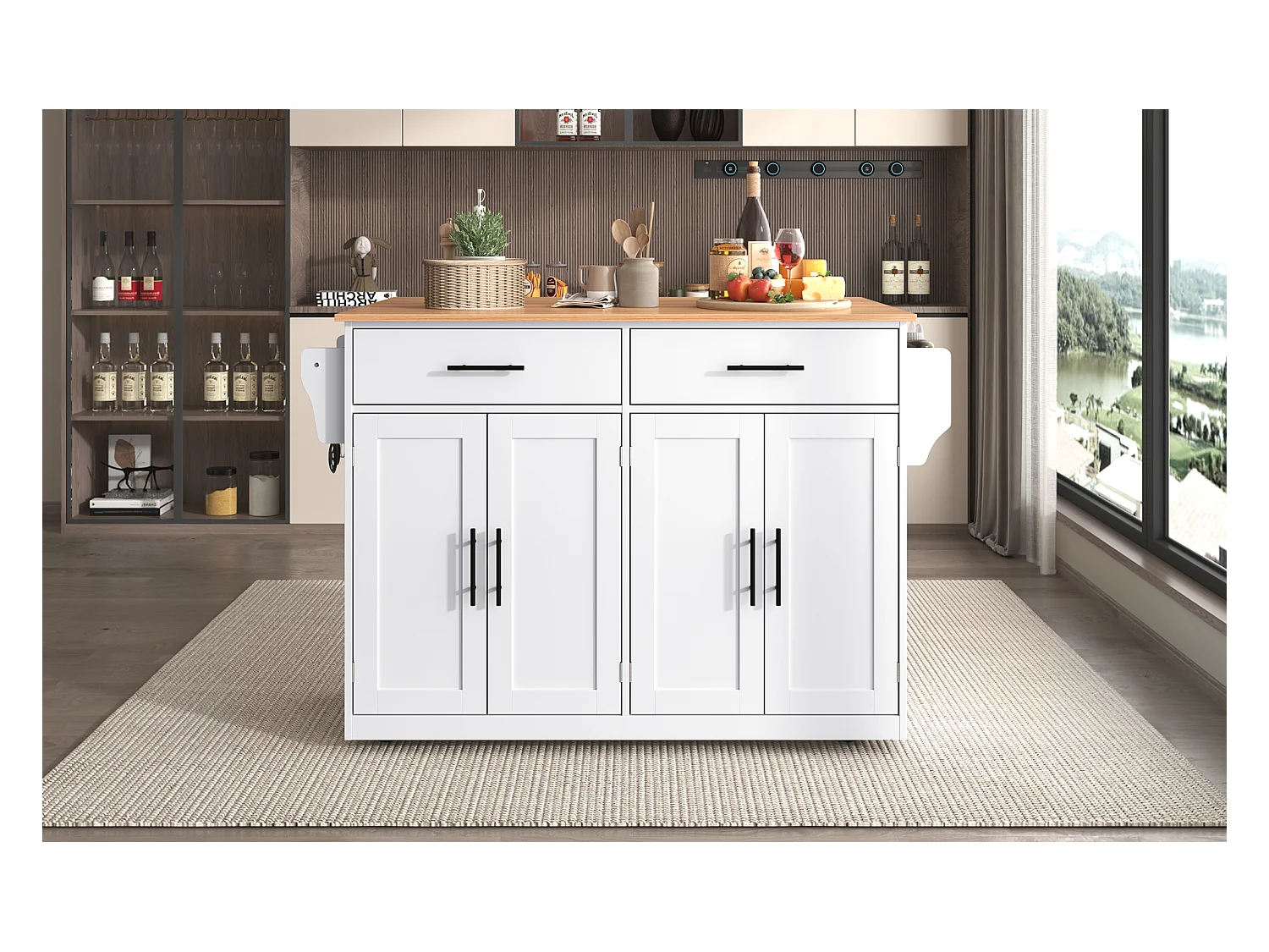 Îlot central - 120 x 46 (70) x 91 cm - plateau rabattable + roulettes et pieds interchangeables - MDF - blanc