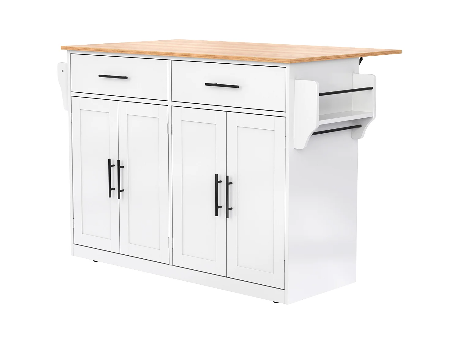 Îlot central - 120 x 46 (70) x 91 cm - plateau rabattable + roulettes et pieds interchangeables - MDF - blanc