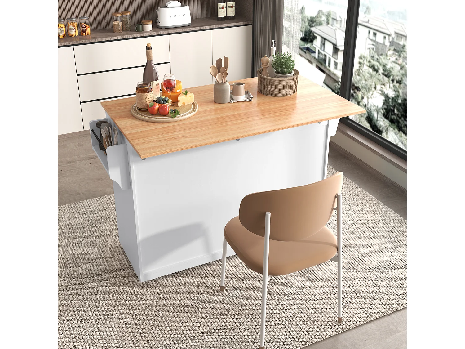 Îlot central - 120 x 46 (70) x 91 cm - plateau rabattable + roulettes et pieds interchangeables - MDF - blanc