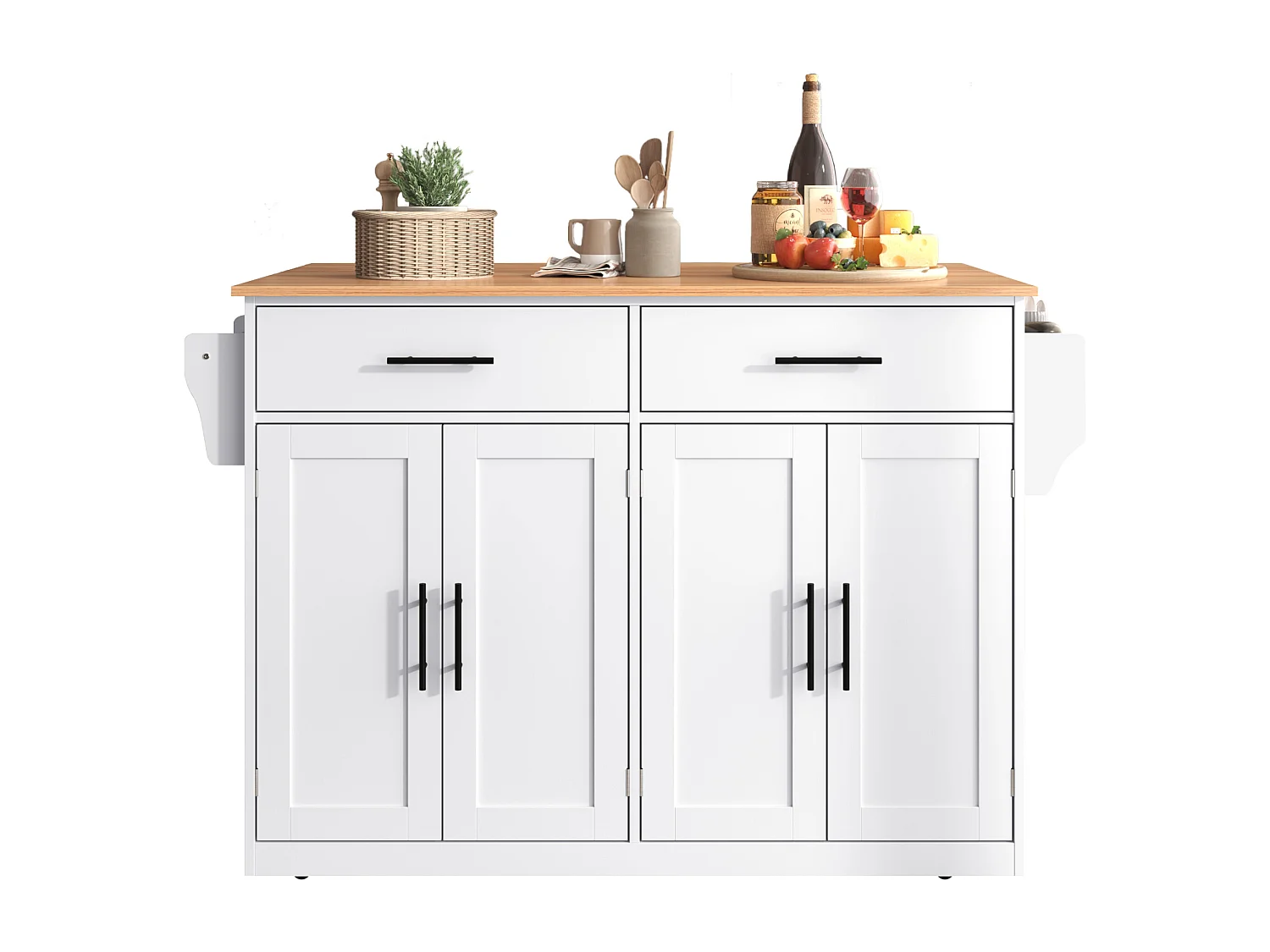 Îlot central - 120 x 46 (70) x 91 cm - plateau rabattable + roulettes et pieds interchangeables - MDF - blanc