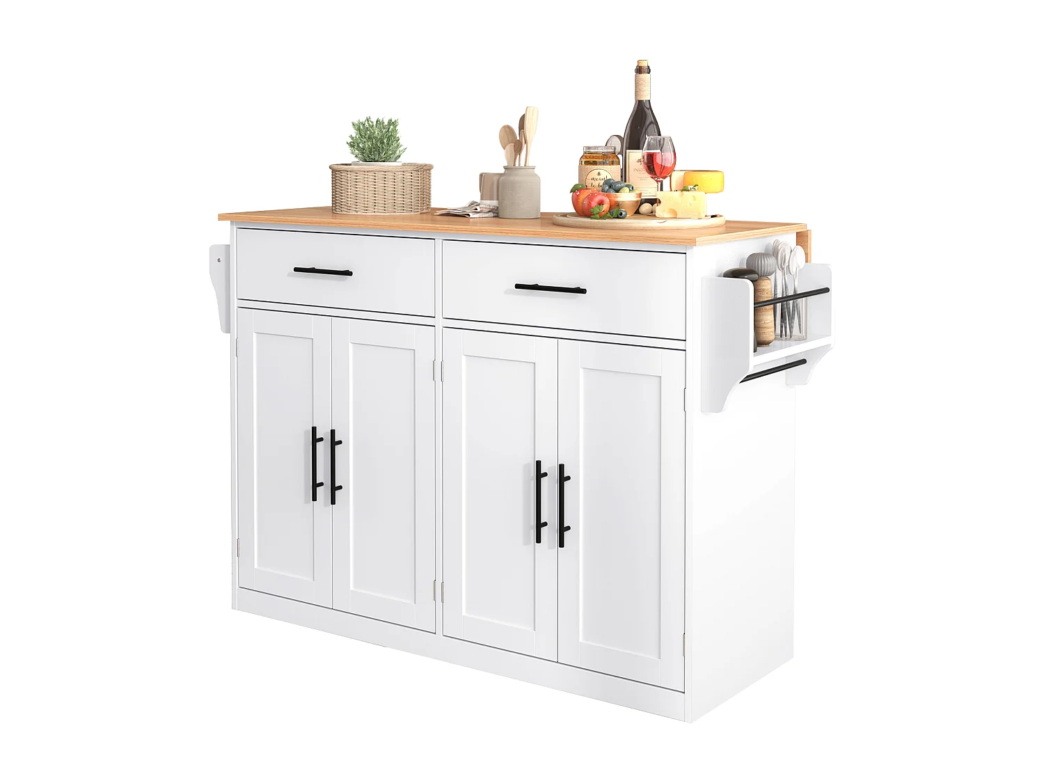 Îlot central - 120 x 46 (70) x 91 cm - plateau rabattable + roulettes et pieds interchangeables - MDF - blanc