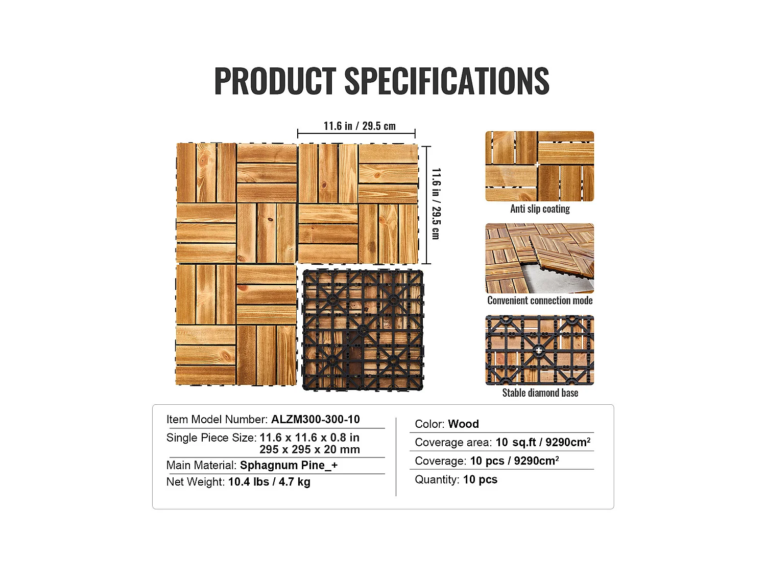 Dalles de Terrasses, SucceBuy Dalles de Terrasse Emboîtables en Bois Massif, Lot de 10, 30 × 30 cm en Pin Camphré pour Porche
