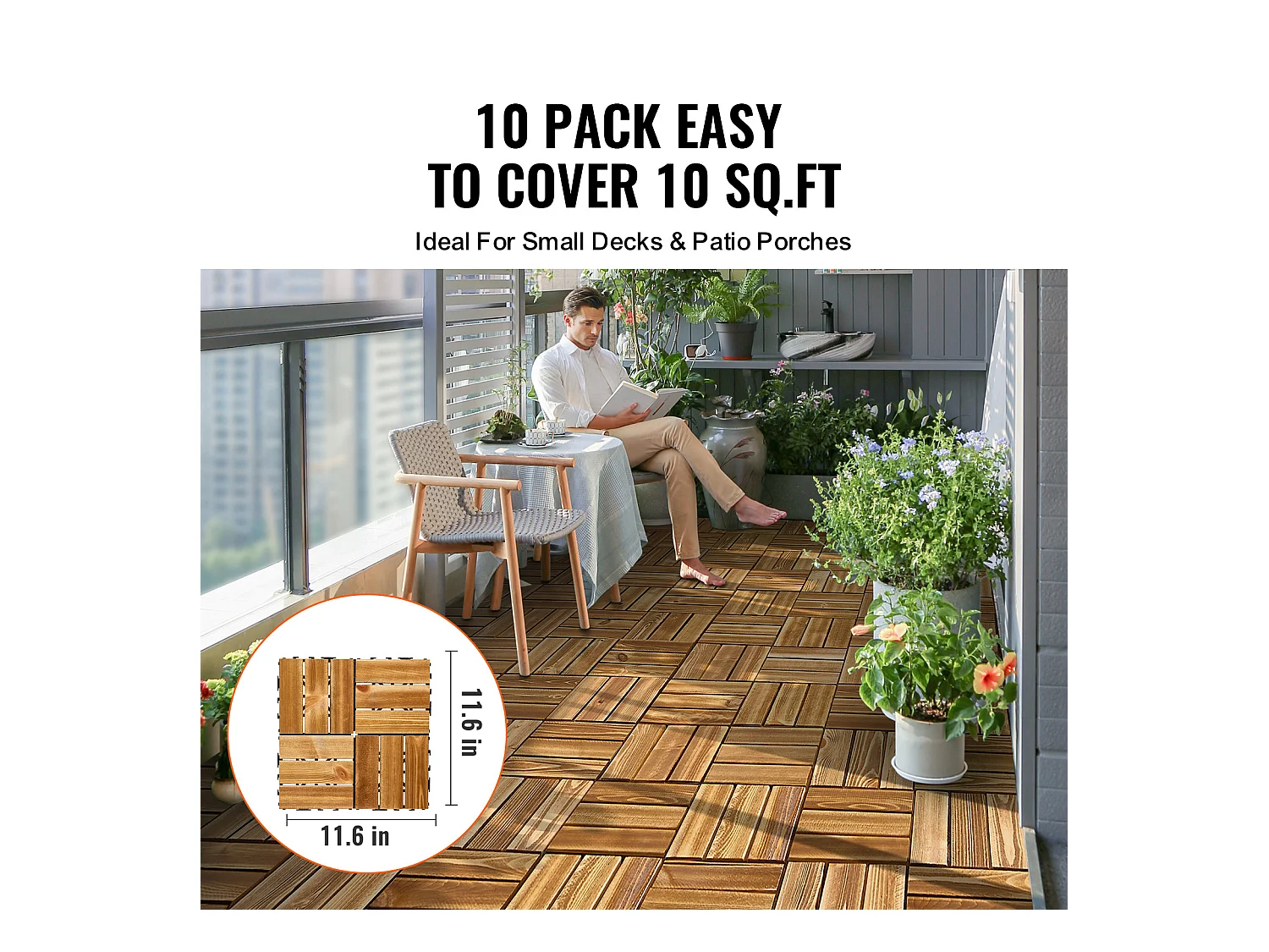 Dalles de Terrasses, SucceBuy Dalles de Terrasse Emboîtables en Bois Massif, Lot de 10, 30 × 30 cm en Pin Camphré pour Porche