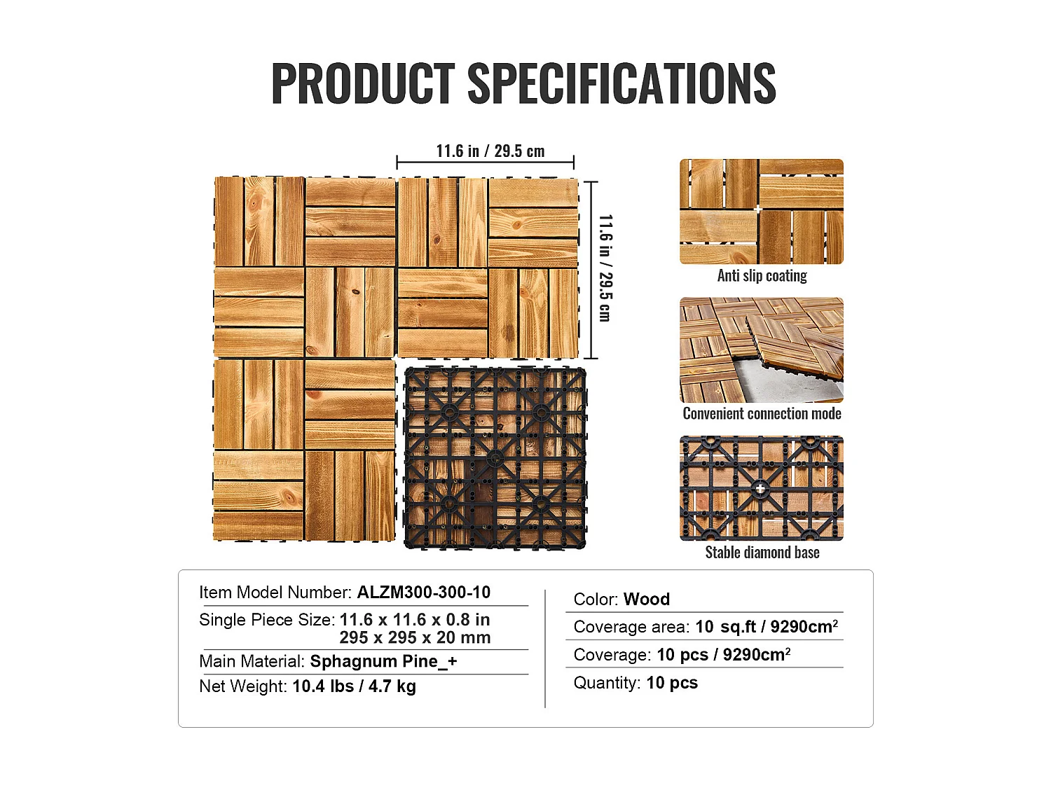 Dalles de Terrasses, SucceBuy Dalles de Terrasse Emboîtables en Bois Massif, Lot de 10, 30 × 30 cm en Pin Camphré pour Porche