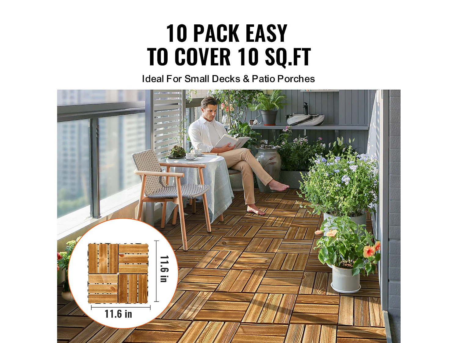 Dalles de Terrasses, SucceBuy Dalles de Terrasse Emboîtables en Bois Massif, Lot de 10, 30 × 30 cm en Pin Camphré pour Porche
