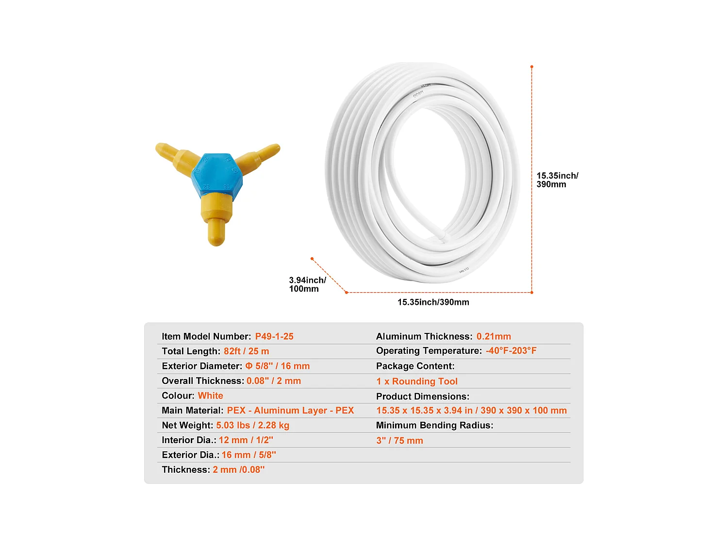 Tube SucceBuy PEX-AL-PEX 208cm, Tuyau d'Arrosage, Tuyau Composite Aluminium-Plastique, Barrière à l'Oxygène