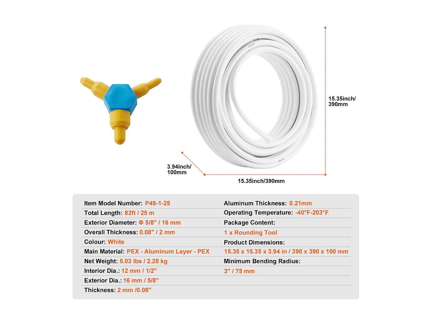 Tube SucceBuy PEX-AL-PEX 208cm, Tuyau d'Arrosage, Tuyau Composite Aluminium-Plastique, Barrière à l'Oxygène
