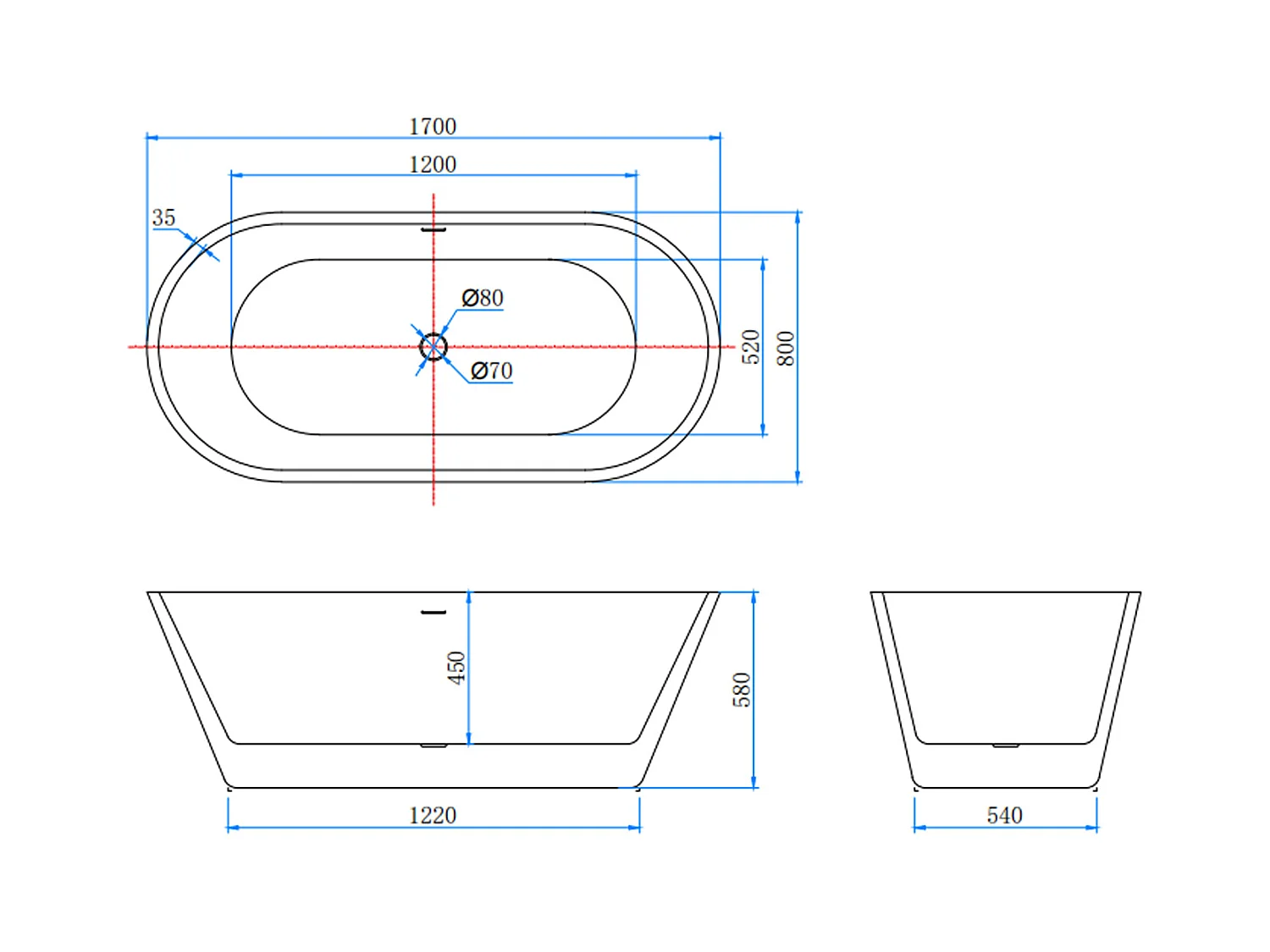 Vasca da Bagno a Isola Vasca da Bagno Freestanding in Acrilico da 170x80x58 cm, Colore Bianco, Forma Ovale