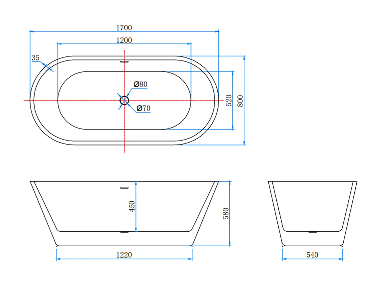 Vasca da Bagno a Isola Vasca da Bagno Freestanding in Acrilico da 170x80x58 cm, Colore Bianco, Forma Ovale