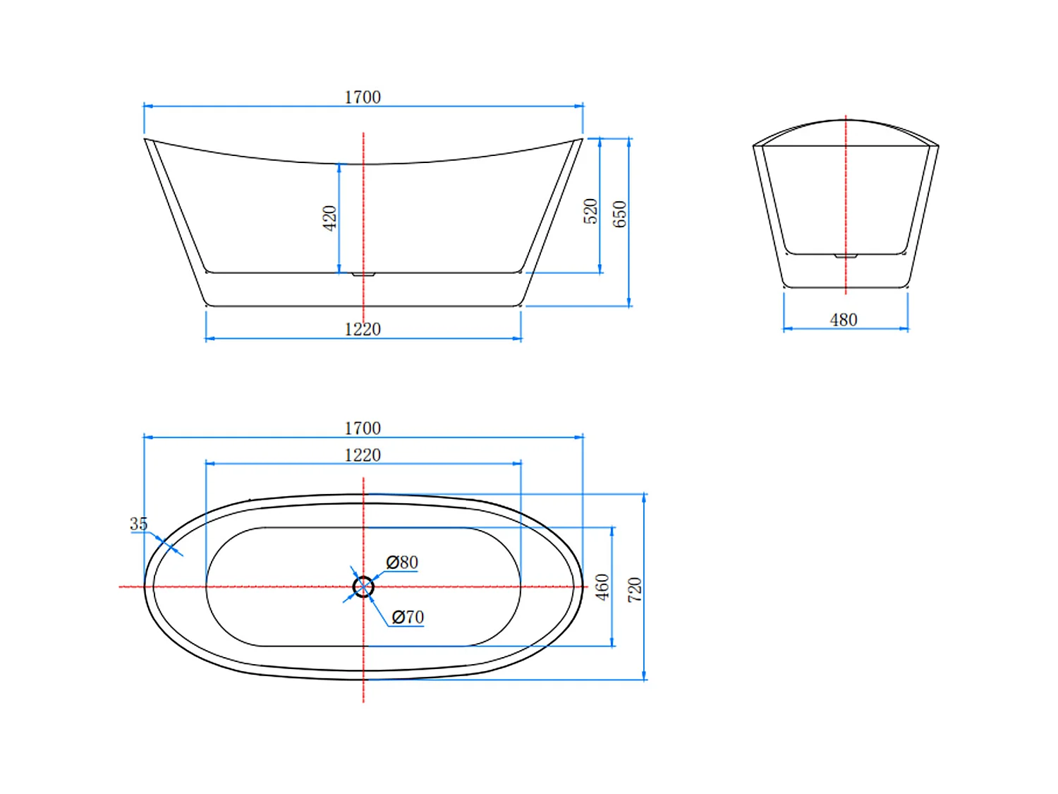 Vasca da Bagno a Isola Vasca da Bagno Freestanding in Acrilico da 170x72x65 cm, Colore Bianco, Forma di Barca Ovale