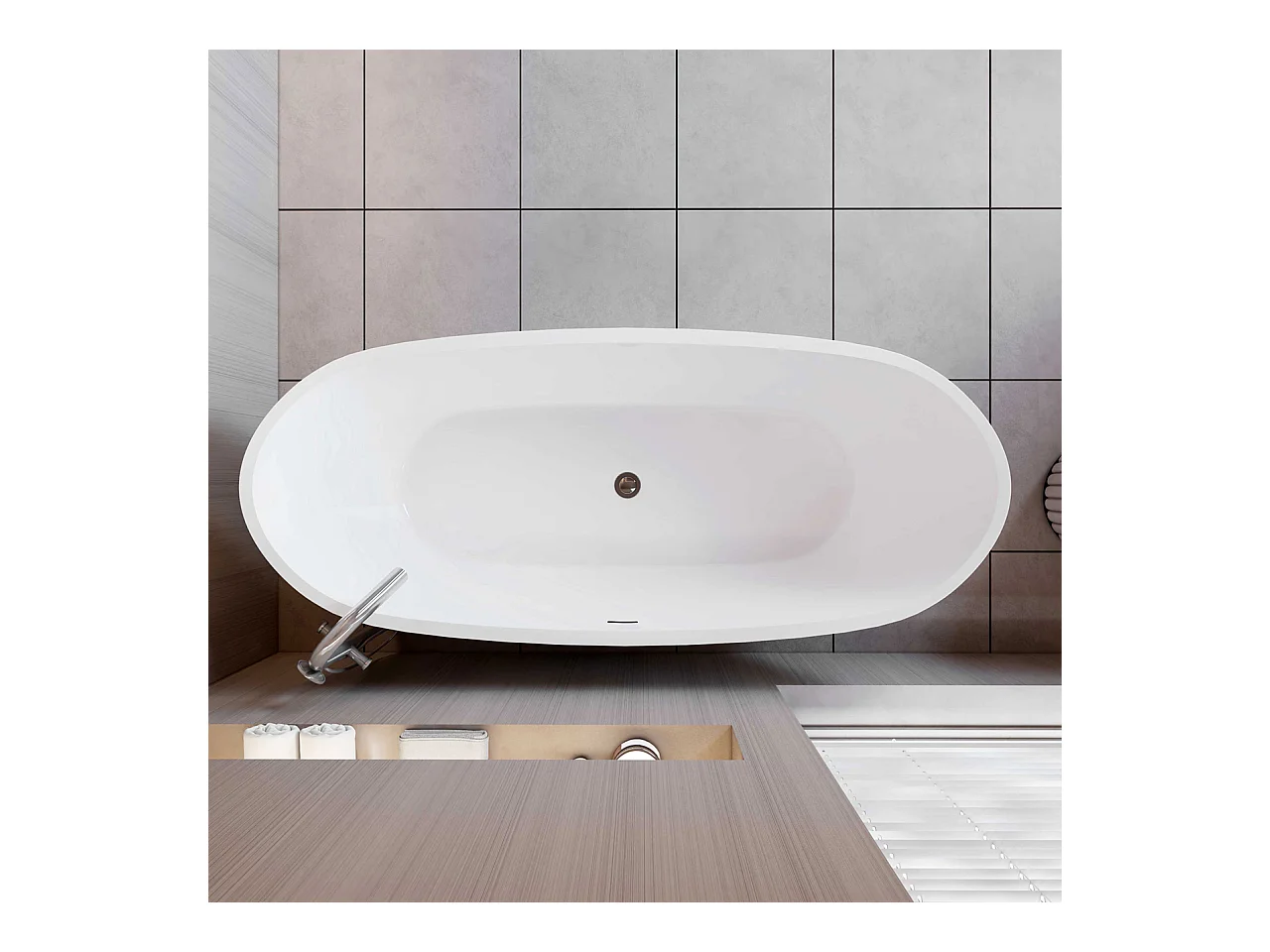 Vasca da Bagno a Isola Vasca da Bagno Freestanding in Acrilico da 170x72x65 cm, Colore Bianco, Forma di Barca Ovale