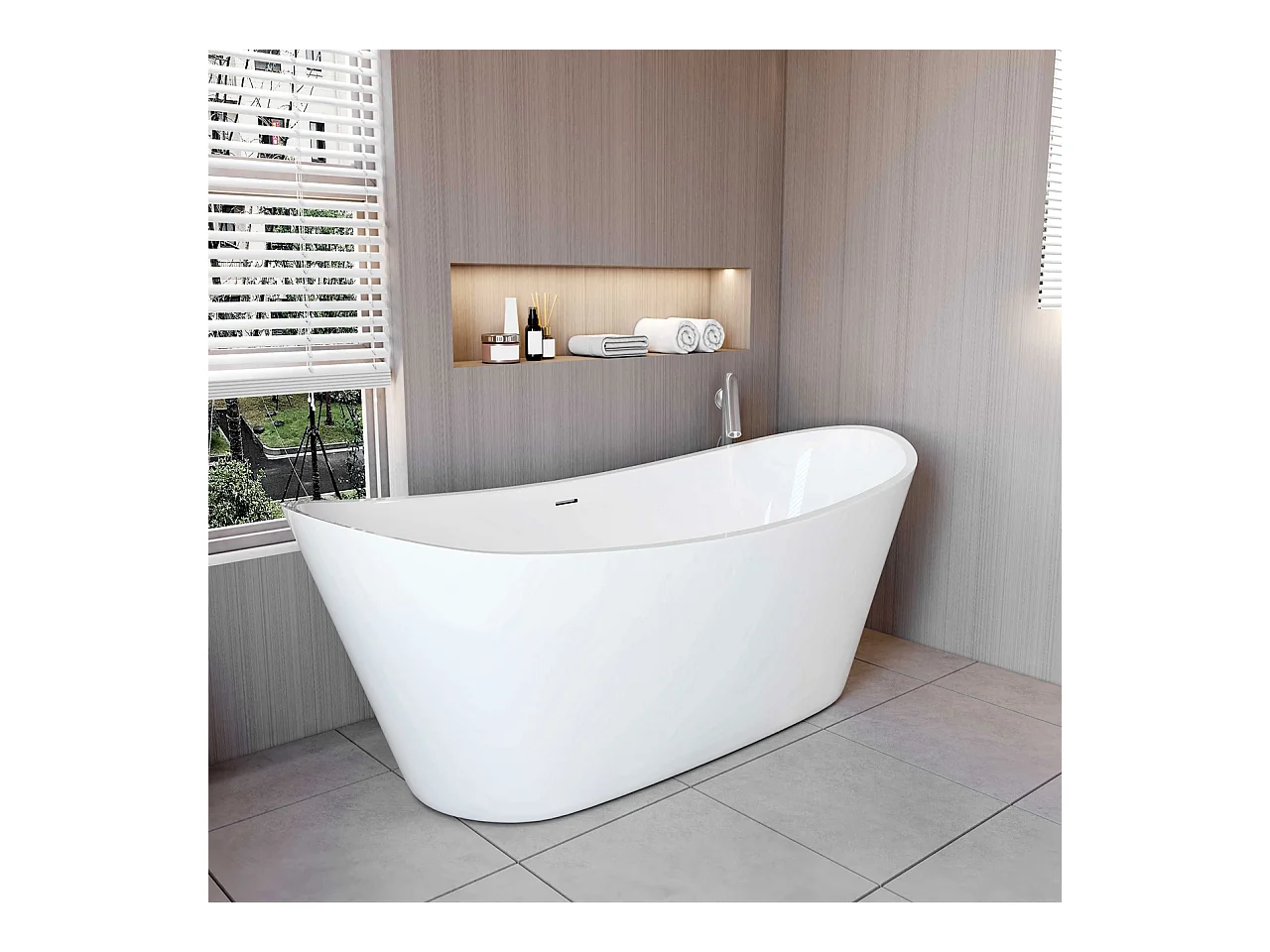 Vasca da Bagno a Isola Vasca da Bagno Freestanding in Acrilico da 170x72x65 cm, Colore Bianco, Forma di Barca Ovale