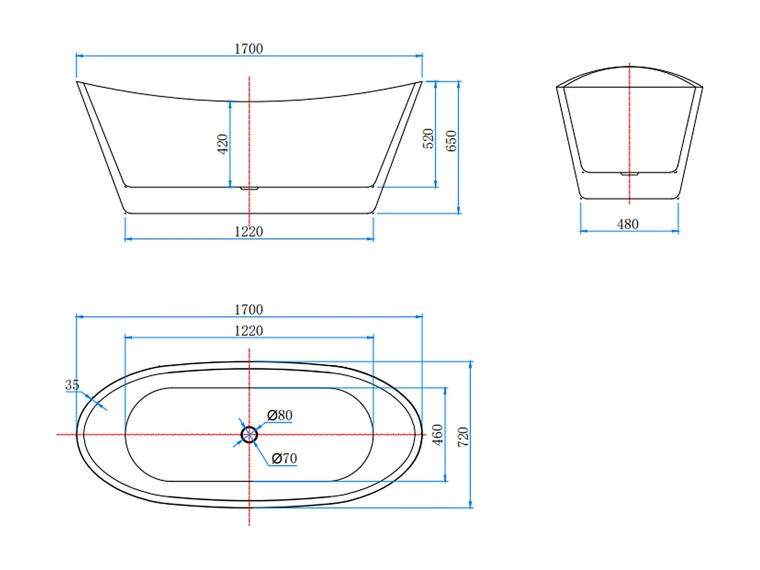 Vasca da Bagno a Isola Vasca da Bagno Freestanding in Acrilico da 170x72x65 cm, Colore Bianco, Forma di Barca Ovale